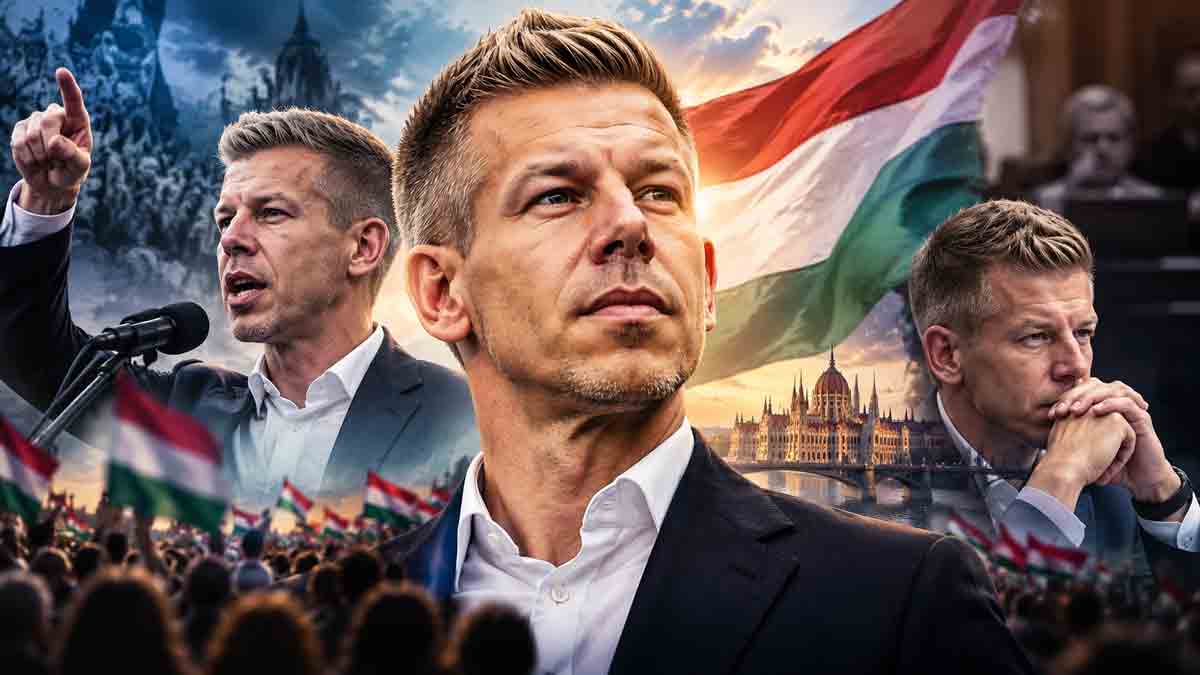 Magyar politikai montázs zászlókkal. A kép illusztráció Magyar Péter nyilvános politikai kommunikációjának elemzéséhez – a kép nem pszichológiai vagy pszichiátriai diagnózist ábrázol. Mesterséges intelligeciával előállított kép.